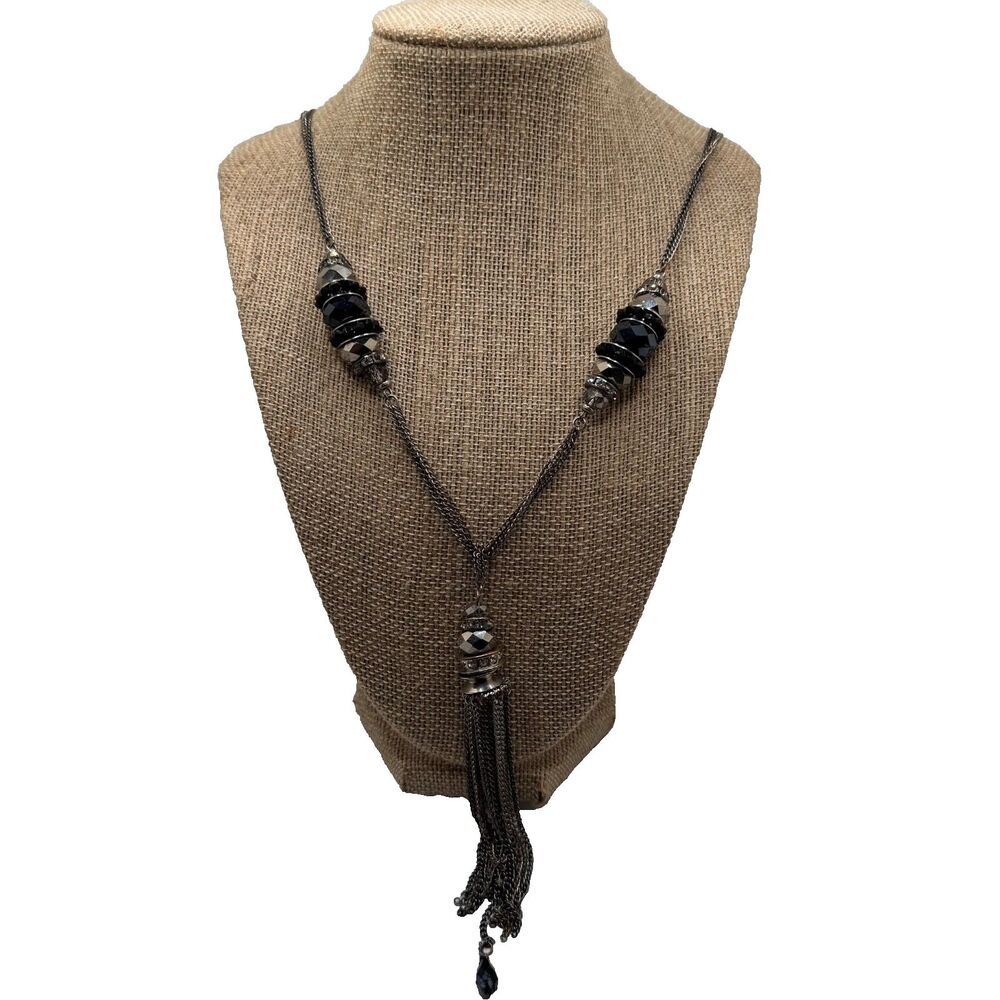 Vintage Ali Khan New York Necklace Blue Crystal Tassel Y Drop Chain Silver Tone